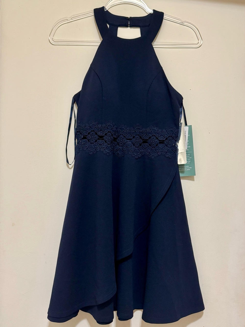 My Michelle Navy Halter Lace-Waist Formal Dress